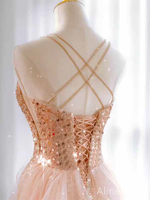Sparkly Peach Pink Sequins Sweetheart Spaghetti Strap A-line Long Ball Gown with Tulle Panel, PD381995