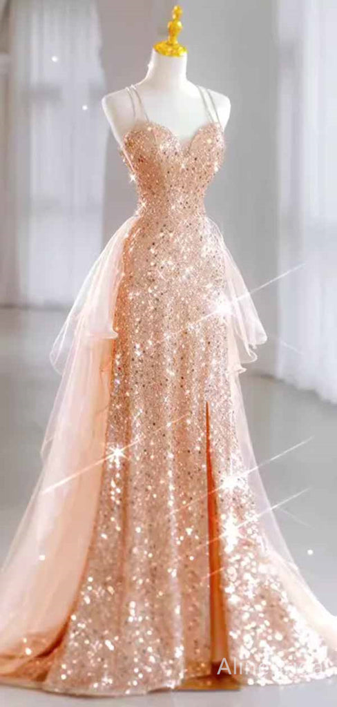 Sparkly Peach Pink Sequins Sweetheart Spaghetti Strap A-line Long Ball Gown with Tulle Panel, PD381995