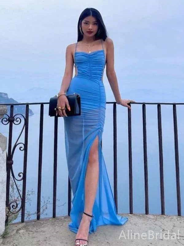 Sexy Blue Side Cut-Out Mermaid Long Tulle Prom Dress with Side-Slit, PD381999