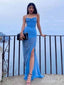 Sexy Blue Side Cut-Out Mermaid Long Tulle Prom Dress with Side-Slit, PD381999