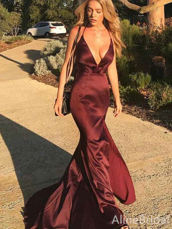 Sexy Burgundy V-neck Lace Up Side Slit Mermaid Long Prom Dress, PD382016