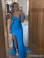 Elegant Blue V-neck Spaghetti Strap Side Slit Long Mermaid Prom Dress, PD382019