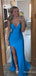 Elegant Blue V-neck Spaghetti Strap Side Slit Long Mermaid Prom Dress, PD382019