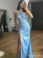 Elegant One-Shoulder Blue Mermaid Long Prom Dress with Slit, PD382024