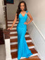 Elegant Blue V-neck Spaghetti Strap Backless Long Mermaid Prom Dress, PD382027
