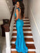 Elegant Blue V-neck Spaghetti Strap Backless Long Mermaid Prom Dress, PD382027