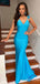 Elegant Blue V-neck Spaghetti Strap Backless Long Mermaid Prom Dress, PD382027
