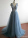 Elegant V-neck Grey Blue A-line Long Tulle Prom Dress, PD382037