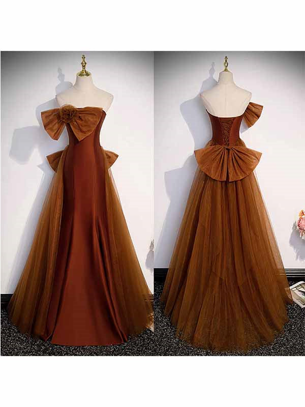 Gorgeous Burnt Orange Strapless A-line Long Prom Dress with Striking Bow, PD382038