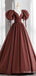 Gorgeous Dark Red V-neck A-line Long Prom Dress with Puff Sleeves, PD382039