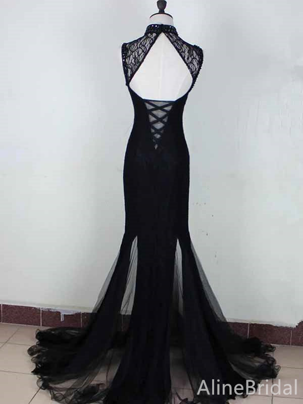 Gorgeous Black Lace Applique Lace Up Mermaid Long Tulle Prom Dress,PD382043