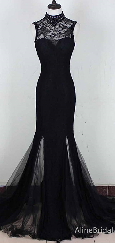 Gorgeous Black Lace Applique Lace Up Mermaid Long Tulle Prom Dress,PD382043