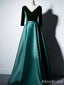 Elegant Emerald Green V-neck Long Sleeves A-line Long Prom Dress, PD382044