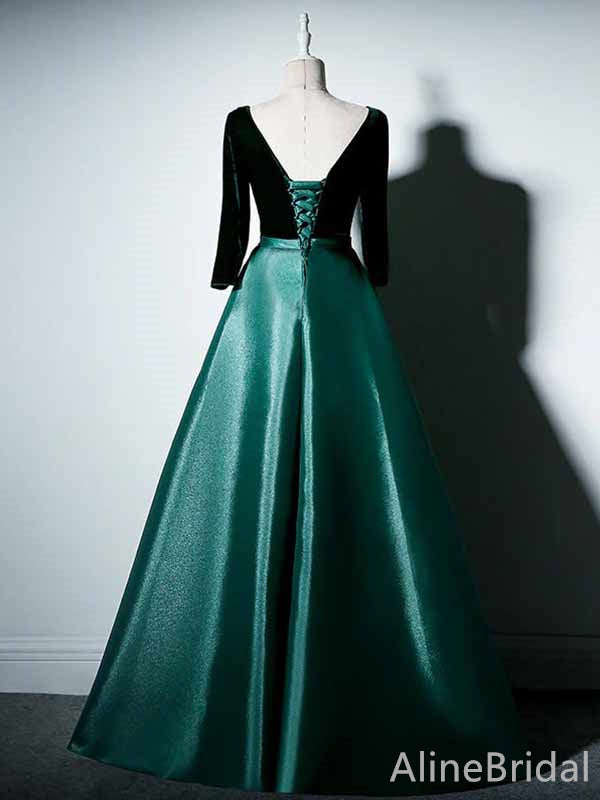 Elegant Emerald Green V-neck Long Sleeves A-line Long Prom Dress, PD382044