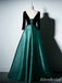 Elegant Emerald Green V-neck Long Sleeves A-line Long Prom Dress, PD382044
