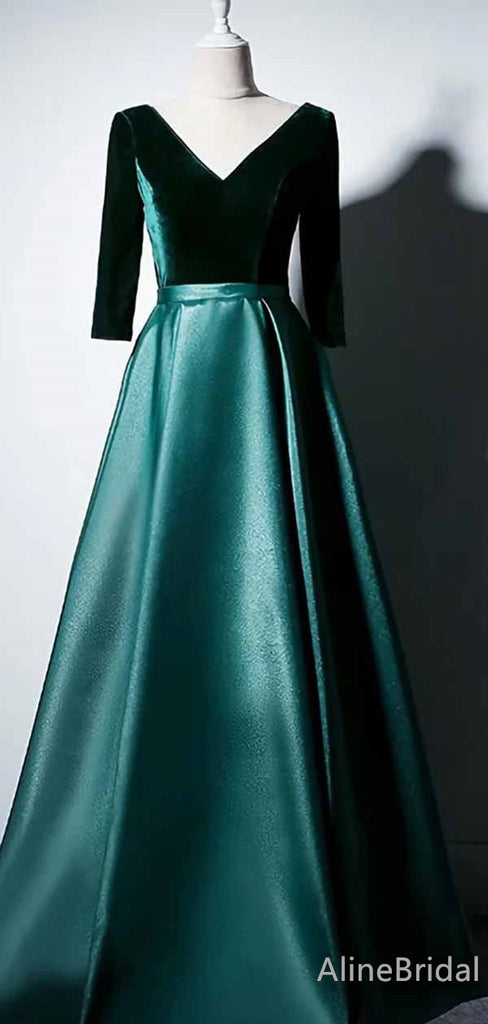 Elegant Emerald Green V-neck Long Sleeves A-line Long Prom Dress, PD382044