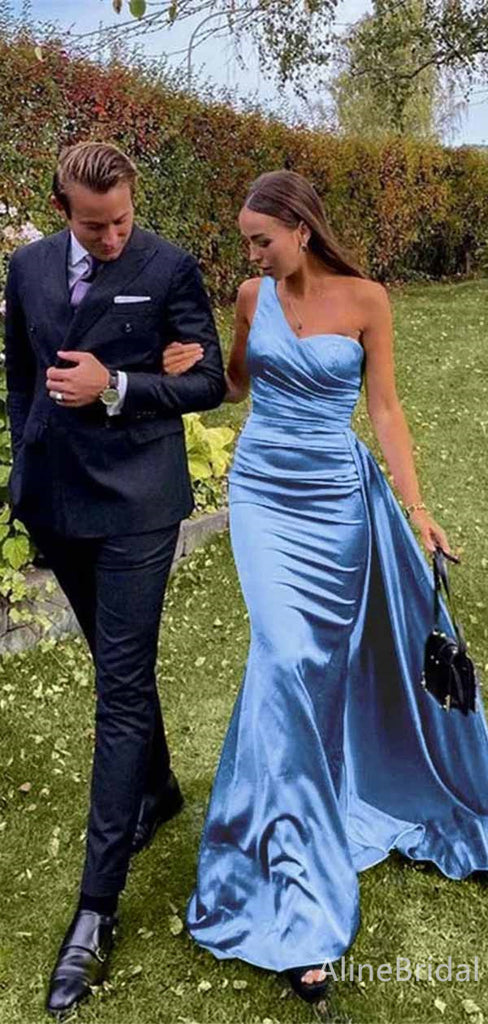 Elegant Blue One Shoulder Long Mermaid Prom Dress with Trailing, Evening Dress, PD382049