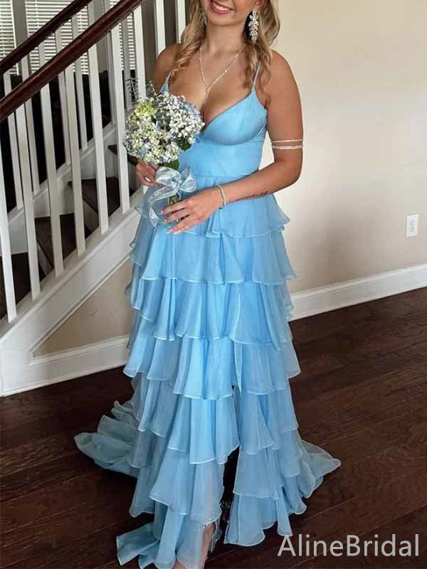 Elegant V-neck Blue Spaghetti Strap A-line Tiered Long Prom Dress with Slit, PD382051