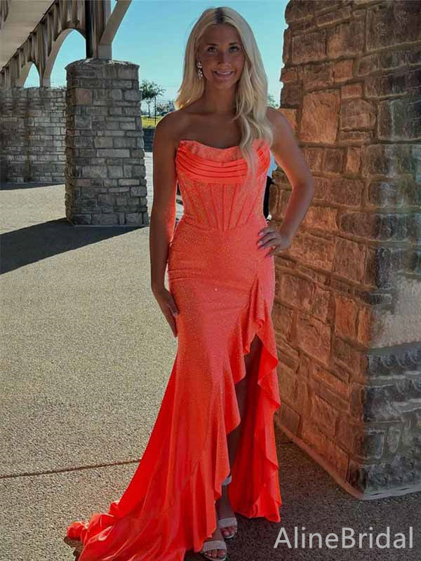 Stunning Strapless Orange Ruffle Corset Mermaid Long Prom Dress with Side Slit, PD382052