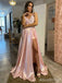 Elegant Pink Spaghetti Strap Lace Applique A-line Long Prom Dress with Slit, PD382060