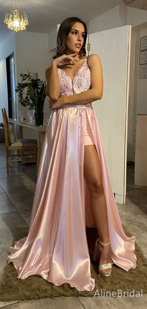 Elegant Pink Spaghetti Strap Lace Applique A-line Long Prom Dress with Slit, PD382060