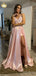Elegant Pink Spaghetti Strap Lace Applique A-line Long Prom Dress with Slit, PD382060
