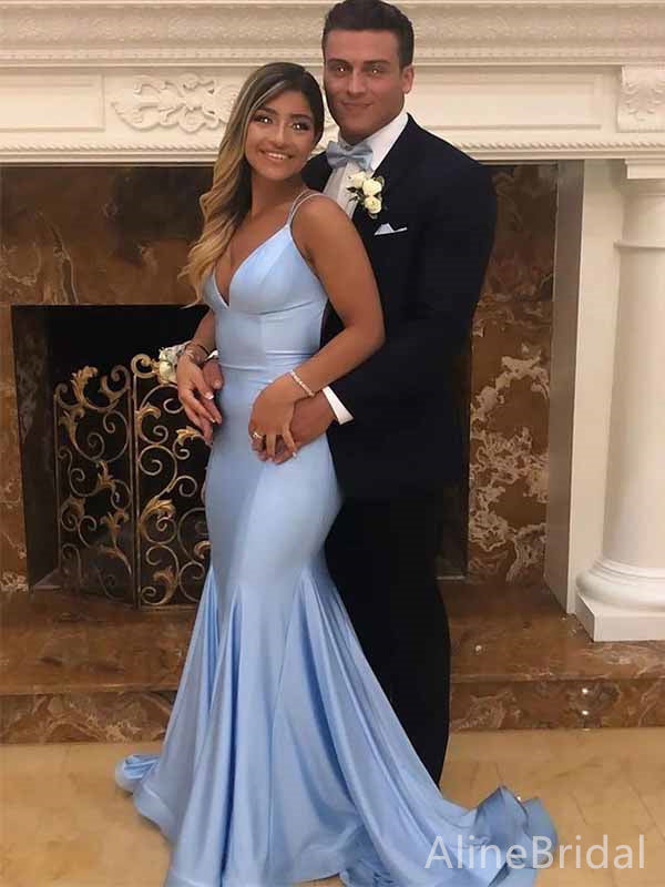 Elegant Blue V-neck Spaghetti Strap Mermaid Prom Dress, Evening Dress, PD382062