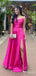 Stunning Hot Pink Spaghetti Strap A-line Long Prom Dress with Side Slit, Evening Dress, PD382079