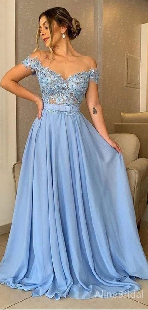 Gorgeous Blue Off-the-Shoulder Lace A-line Long Prom Dress, Evening Dress, PD382080