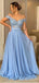 Gorgeous Blue Off-the-Shoulder Lace A-line Long Prom Dress, Evening Dress, PD382080