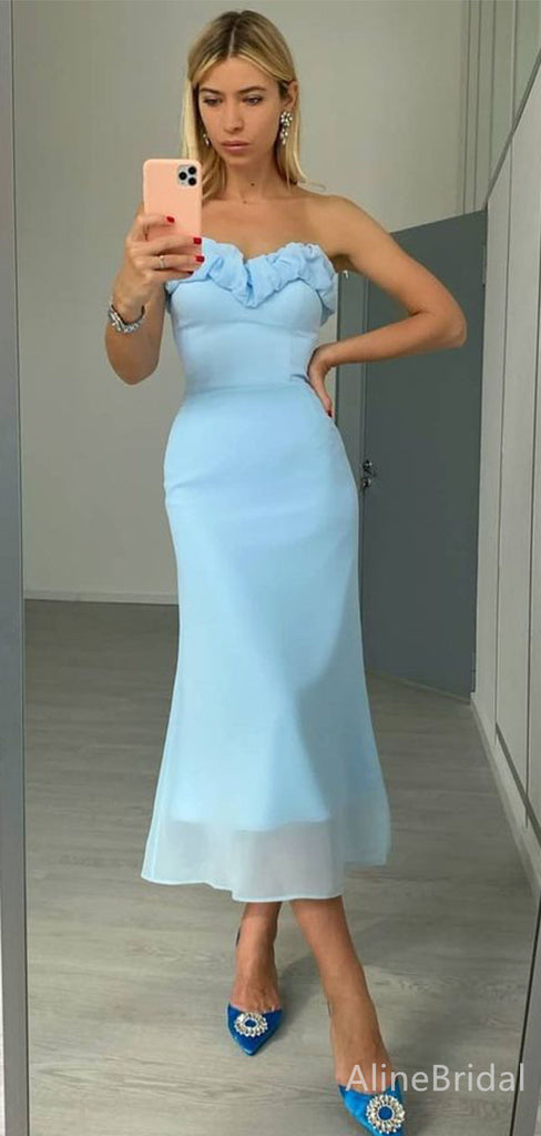 Elegant Blue Sweetheart Strapless Midi Prom Dress, Evening Dress, PD382087