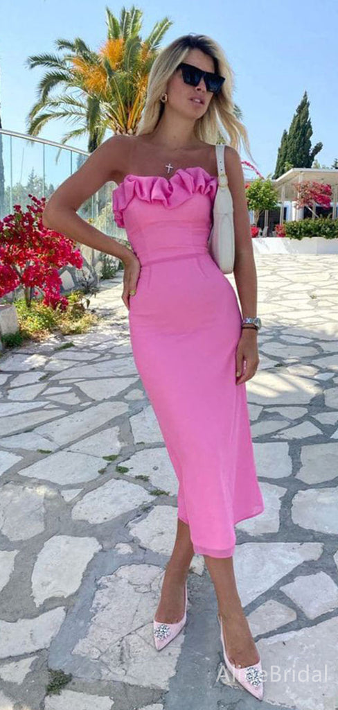 Elegant Hot Pink Sweetheart Strapless Midi Prom Dress with Ruffle, Evening Dress, PD382090