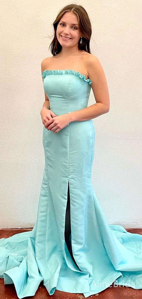 Elegant Sky Blue Strapless Long Mermaid Prom Dress with Slit, Evening Dress, PD382092