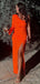 Elegant One-Shoulder Orange Maxi Mermaid Prom Dress with Long Sleeve, Evening Dress, PD382093