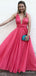 Elegant Pink V-neck Spaghetti Strap A-line Long Prom Dress, Evening Dress, PD382097