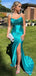 Elegant Teal Spaghetti Strap Cowl Neck Long Mermaid Prom Dress with Side Slit, Evening Dress, PD382103