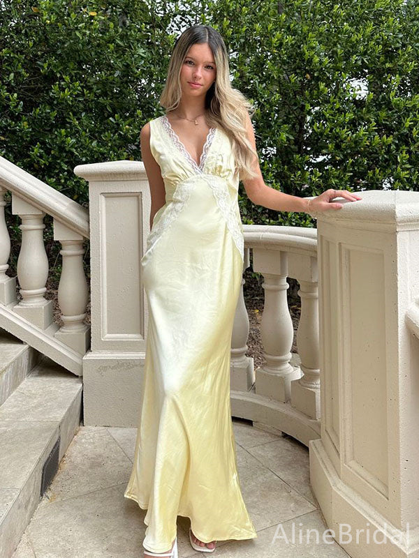 Elegant Yellow V-neck Lace-Trim Long Prom Dress, Evening Dress, PD382105