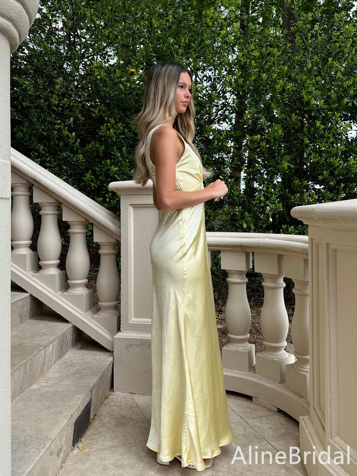 Elegant Yellow V-neck Lace-Trim Long Prom Dress, Evening Dress, PD382105