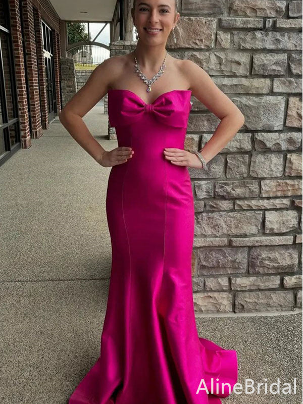 Unique Hot Pink Sweetheart Strapless Long Mermaid Prom Dress with Big Bow, Evening Dress, PD382110