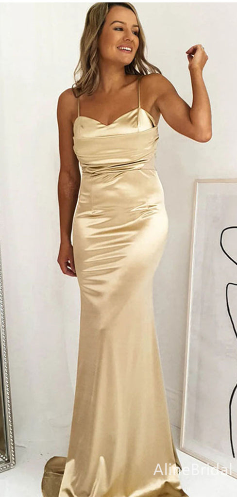 Elegant Champagne Gold Lace-Up Back Long Mermaid Prom Dress, Evening Dress, PD382111