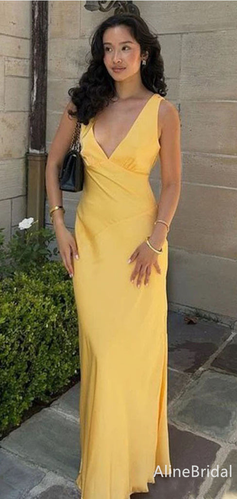 Elegant Yellow V-neck Long Mermaid Prom Dress, Evening Dress, PD382115