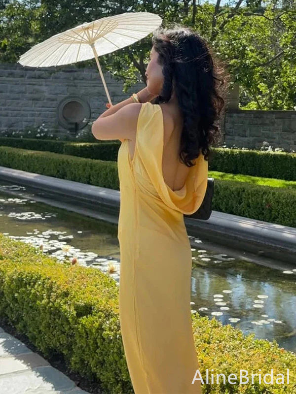 Elegant Yellow V-neck Long Mermaid Prom Dress, Evening Dress, PD382115