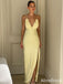 Sexy Light Yellow V-neck Lace Trim Backless Long Mermaid Prom Dress wit Slit, Evening Dress, PD382124