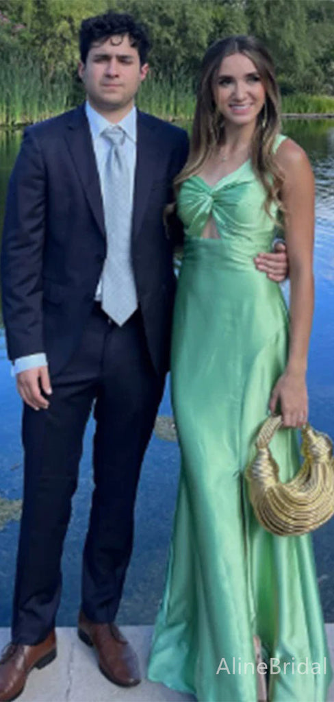 Elegant Green One-Shoulder Twist-Knot Long Mermaid Prom Dress with Cut-Out, Evening Dress, PD382131