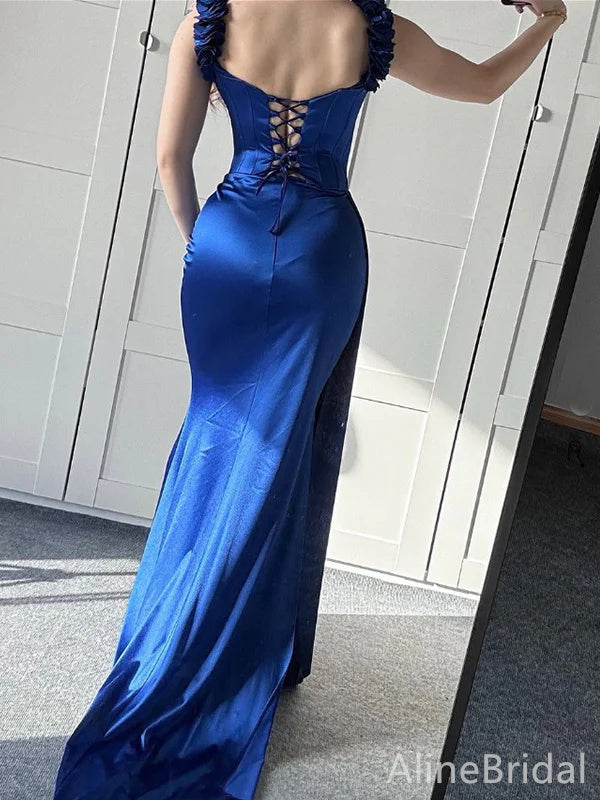 Elegant Navy-Blue Off-Shoulder Lace-up Mermaid Prom Dress with Trailing, Evening Dress, PD382133