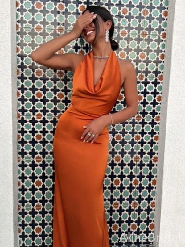 Elegant Burnt Orange Halter Backless Mermaid Long Prom Dress, Evening Dress, PD382134