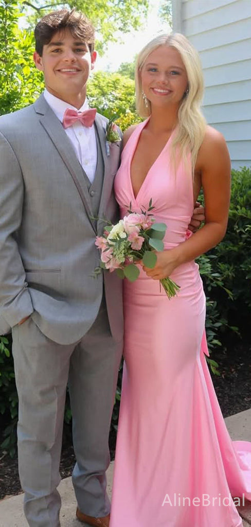 Elegant Pink V-neck Halter Backless Maxi Mermaid Prom Dress, Evening Dress, PD382137