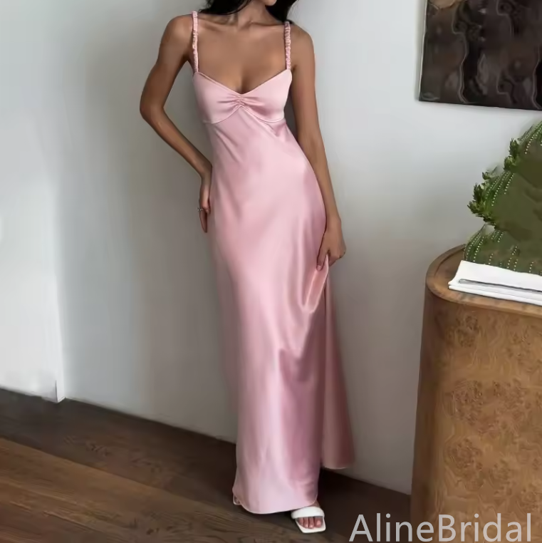 Elegant Pink Spaghetti Strap Backless Mermaid Long Prom Dress, Evening Dress, PD382140