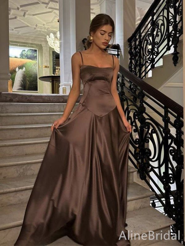 Minimalist Brown Spaghetti Strap A-line Long Prom Dress, Evening Dress, PD382158