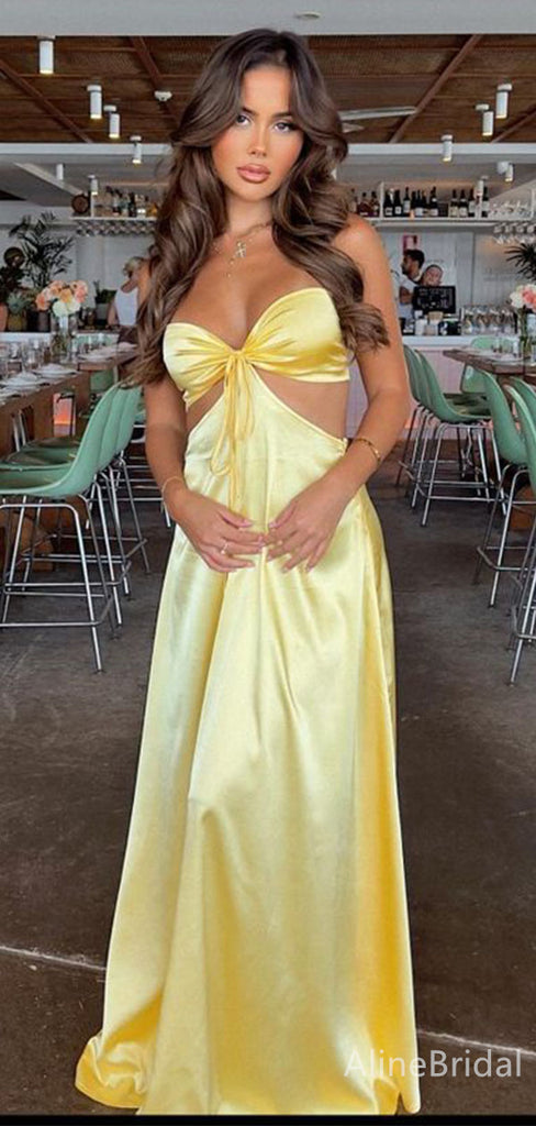 Elegant V-neck Yellow Spaghetti Strap A-line Long Prom Dress,Evening Dress,PD382160
